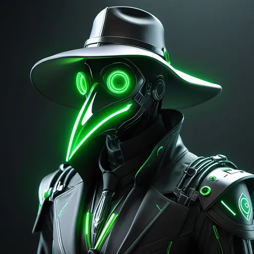 Prompt: 3d render of futuristic plague doctor cyborg, muscular suit with neon green liquid tubs lining suit, cyberpunk, warframe, stealth, armored, plague doctor beak mask with neon lights, character design, hard surface, smooth, detailed face, highly detailed, intricate details, symmetrical, volumetric lighting, ambient light, real-time, vfx, digital 3d, uhd, hdr"
