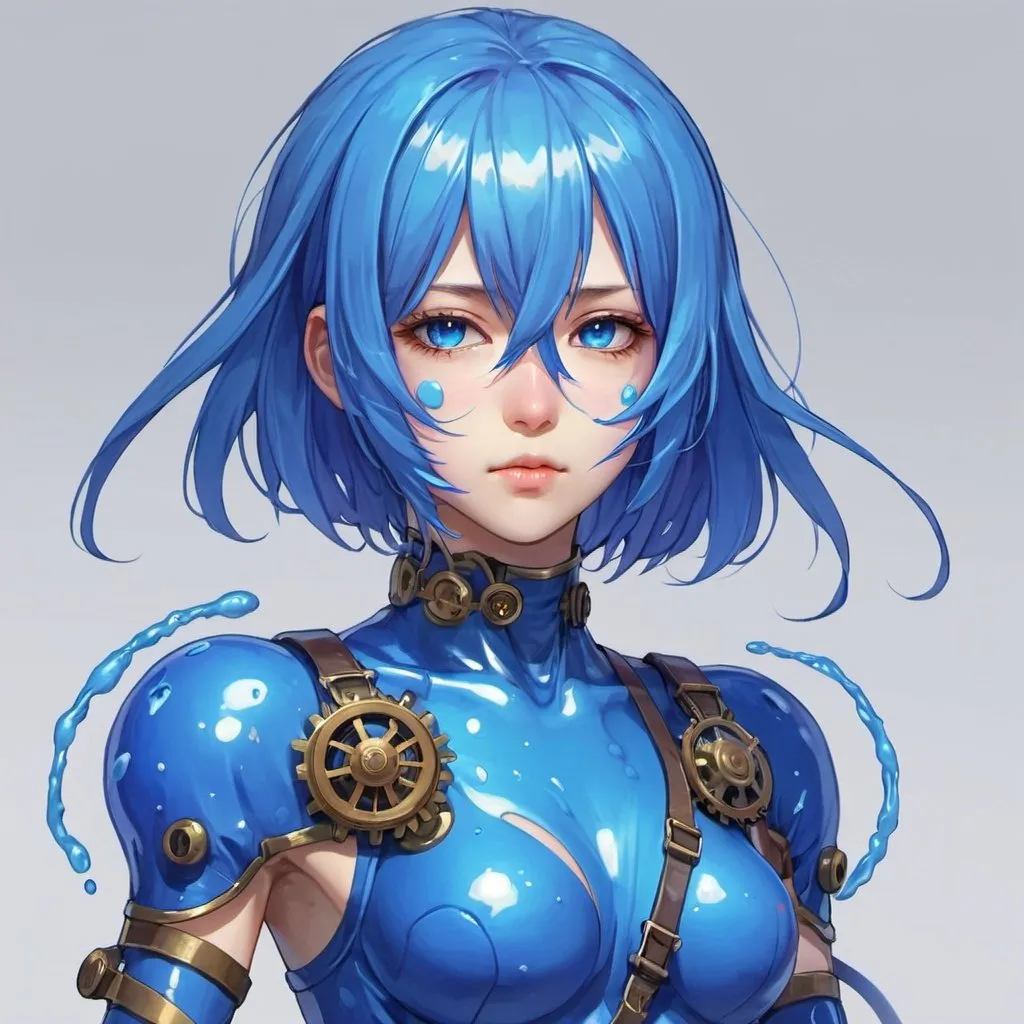 Prompt: score_9, score_8_up, score_8, 1girl, portrait, skinny, vivid colors, (magical woman, mahou shoujo:1.3), short hair, steampunk slime goddess, magical warrior armor, faceless, blue liquid skin, no eyes, no mouth, no nose, no facial features, long wet hair, body made of slime, blue wet hair, blue plasma, blue skin,