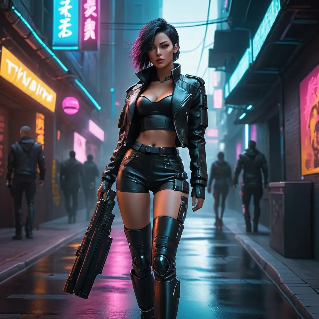 Prompt: a woman in a leather outfit walking down a street, stylized urban fantasy artwork, cyberpunk beautiful girl, in cyberpunk city, female cyberpunk anime girl, beautiful cyberpunk woman model, cyberpunk anime girl, cyberpunk dark fantasy, cyberpunk art style, cyberpunk art ultrarealistic 8k, cyberpunk 20 yr model girl, hyper-realistic cyberpunk style, digital cyberpunk anime art