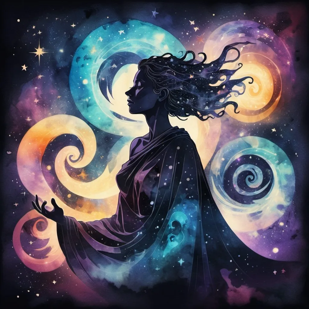 Prompt: Ink illustration on parchment. A dark ghostly woman, dark toga, double exposure, order and chaos, whirling astral setting, stars, kindness, reflection, dichromatism, leaning perspective, wide-eyed wonder, astral glow, celestial patterns, swirling nebulas. Bokeh blur. Colorful. BadDream, DEVIL SPAWN.