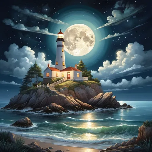 Prompt: A captivating night scene illustration featuring an ancient lighthouse standing tall on a rocky island. The lighthouse, adorned with multiple windows, emits a warm glow, highlighting its intricate architecture and rich history. The rocky island is covered in lush green trees, reflecting on the calm, moonlit sea waters that mirror the silvery moonlight. The full moon graces the sky, casting an ethereal glow on the clouds and sea, while wispy clouds partially obscure its brilliance, adding to the scene's mystique. Twinkling stars dot the sky, creating a celestial tapestry that harmonizes with the moon's radiance. This enchanting artwork captures a serene and peaceful night, where the illuminated lighthouse stands resolute amidst the celestial beauty, creating a cinematic experience., illustration, cinematic
<lora:DonM3t3rn1tyXL-v1.1:0.7>, DonM3t3rn1tyXL,
OverallDetailXL  <lora:MJ52:0.3>  <lora:SDXLFaeTastic2400:0.4>  <lora:EpicF4nta5yXL:0.7>