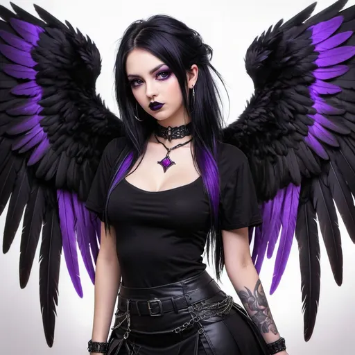 Prompt: portrait of anime goth girl angel, digital art, ((angel)), ((goth girl)), tall, (black hair with purple highlights), goth mascara, black eyeliner, (black lipstick), tall, ((giant black feathered raven wings)), (((black wings))), ((black angel wings)), purple skirt, black t-shirt, (choker with ruby in the middle), nose piercing, (leggings), angry, standing over viewer, domineering, ((dark)), (divine), (evil), (score_9, score_8_up, score_7_up)