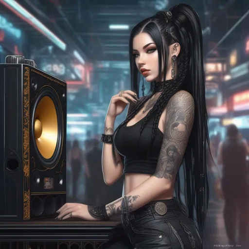 Prompt: a drawing of a woman with long black hair, cyberpunk art, pixiv, gothic art, wearing a cropped black tank top, pigtail braids, very beautiful goth top model, tattooed female figurative on top on large speaker, digital painting by dora art, in the style of intricate, fantastic grotesque, detailed character illustrations, pensive stillness, chromepunk, fantasy characters, digital illustration --ar 51:64 --s 750 --niji 5
