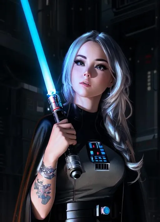 Prompt: UHD, hd , 8k,  anime, hyper realism, Very detailed, zoomed out view, futuristic cityscape, Star Wars, holding a lightsaber behind her back, concept art, clear visible face, full character in view, clear visible face, Hyper realistic cartoon style of beautiful woman, happy face expression