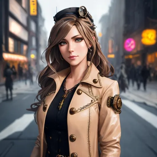 Prompt: Professional painting of a beautiful steampunk woman, long brown with blonde highlights hair, steampunk outfit and weapon, hyperrealism, photorealistic, 8k, unreal engine --ar 9:16 --niji 5 --style expressive --s 400, by Jeremy Mann, Rutkowski, and other Artstation illustrators, intricate details, face, full body portrait, headshot, illustration, UHD, 4K