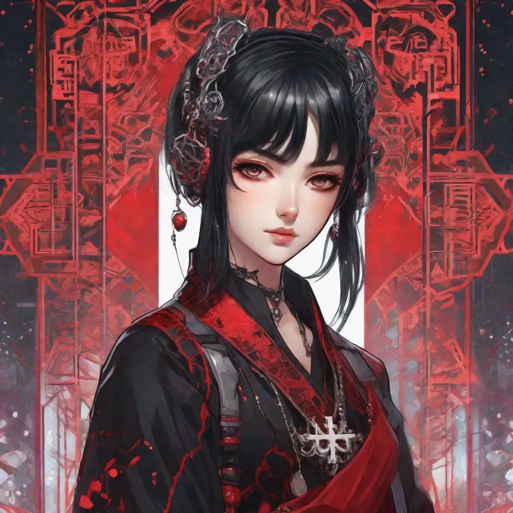 Prompt: anime girl with black hair and piercings holding a cross, realistic anime artstyle, several character designs, russian clothes, character design : : gothic, cover manga, icon for an ai app, red colored, ethnicity : japanese, dreamy cyberpunk girl