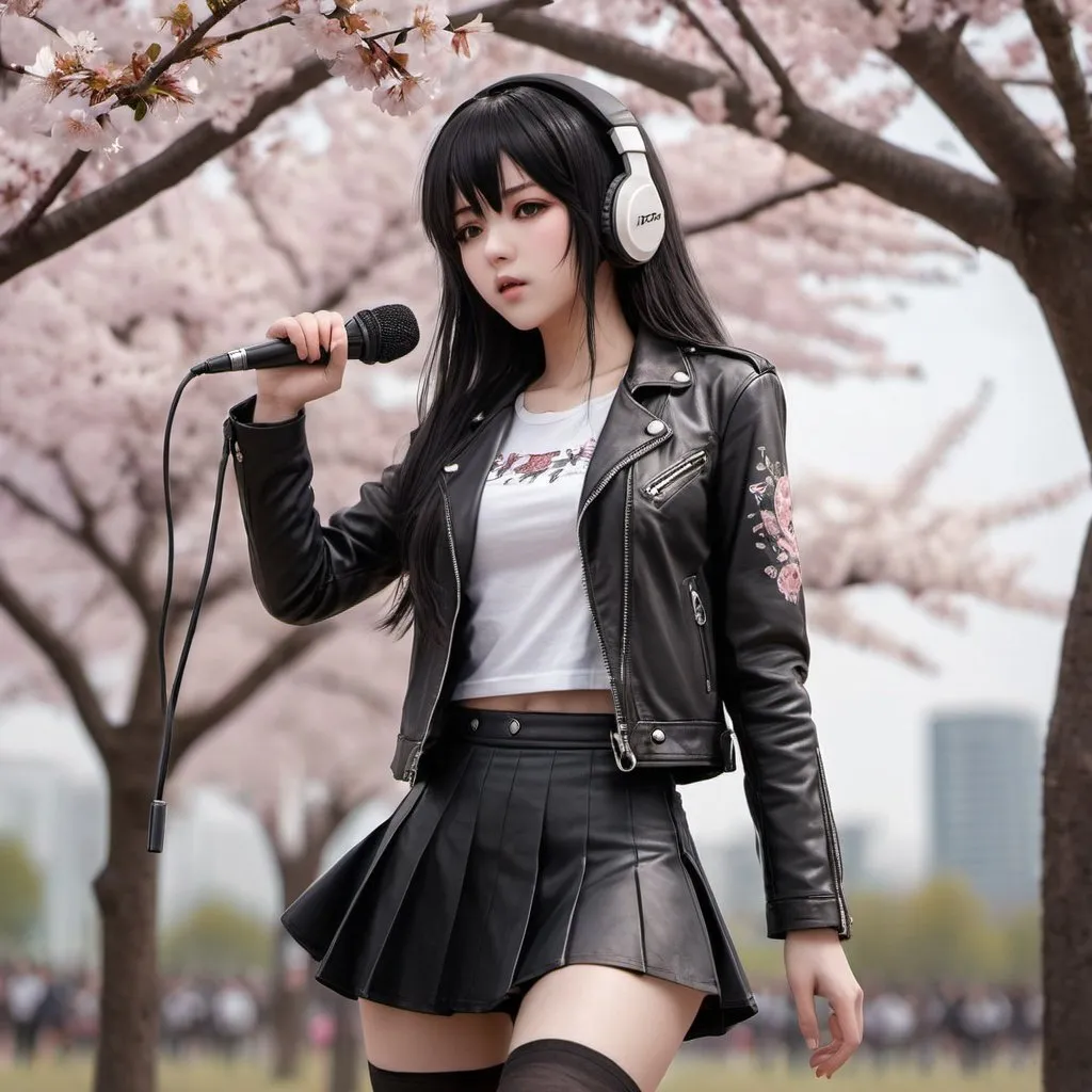 Prompt: masterpiece,ultra realistic,32k,extremely detailed CG unity 8k wallpaper, best quality, Korean girl, beautiful face, 25-year-old idol, long black hair, white shirt, short skirt, heavy metal outfit,  (masterpiece),(best quality),(ultra-detailed), (full body:1.2), 1girl,cute, yelling into a microphone stand, stage, outdoors, playing fender guitar, music, goth makeup, spike leather jacket, blush, , :3, shirt, long hair, cherry blossoms,  headwear, blurry, brown hair, blush stickers, long sleeves, bangs, headphones, black hair, black rose flower, (beautiful detailed face), (beautiful detailed eyes),