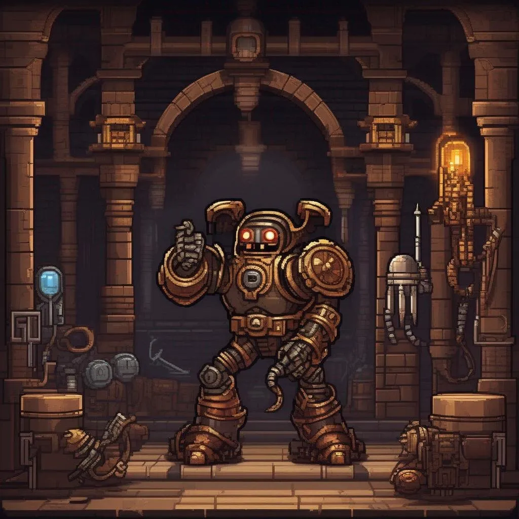 Prompt: Metroidvania game UI, steamworld dig game, steampunk knight with a large gear handle warhammer fighting Lovecraftian undead robot, set inside of old monastery of horror, pixel Art --ar 9:16