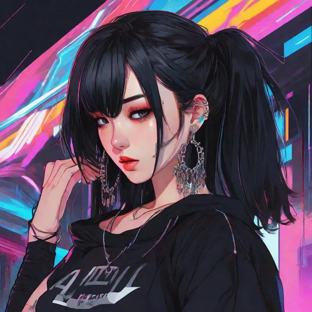 anime girl with black hair and piercings in a black...