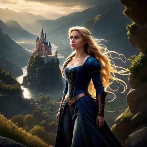 Prompt: Epic magical scene in a fantasy Landscape, Insane detailed different full body image , in different cinematic model scene, detailed eyes, Disney character Rapunzel with a bad grine and very long hair from the movie Tangled, , angry and intimidating, dark fantasy, dark comics, insanely detailed, perfect composition, beautiful detailed intricate insanely detailed octane render trending on artstation, 8 k artistic photography, photorealistic concept art, soft natural volumetric cinematic perfect light, chiaroscuro, award - winning photograph, masterpiece, oil on canvas, raphael, caravaggio, greg rutkowski, beeple, beksinski