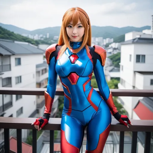 Prompt: woman in a blue and red costume posing on a balcony, fullbodysuit, high level body suit, tight full body suit, zero suit samus, zentai suit, misato katsuragi, anime girl cosplay, wearing tight suit, in spandex suit, japanese cyborg, rinko kawaichi, laserpunk fullbodysuit