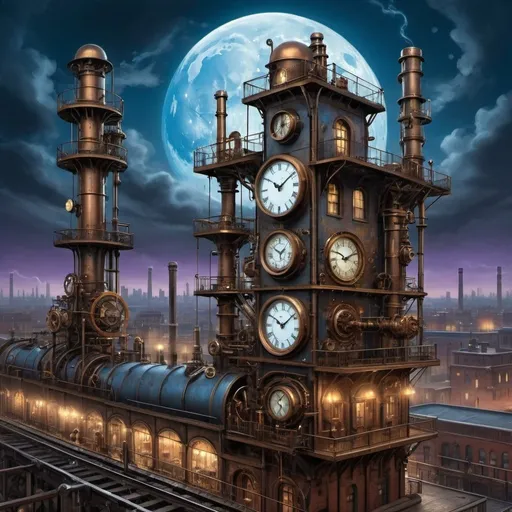 Prompt: Illustrate a mesmerizing steampunk landscape with intricate clockwork elements set against a backdrop of a striking blue moon and dark, ominous skies. The scene unfolds in a sprawling, industrial cityscape adorned with towering clock towers, elaborate gears, and intricate brass piping that weaves through the architecture like veins of a metallic organism. Steam billows from towering smokestacks, adding a sense of motion and life to the mechanical metropolis. The blue moon hangs low in the sky, casting an eerie, ethereal glow over the city, its cool light reflecting off the polished surfaces of the clockwork machinery. The sky above is a tapestry of swirling storm clouds, tinged with hints of electric blue and violet, crackling with latent energy. The air is heavy with the scent of oil and metal, punctuated by the rhythmic clanking and whirring of the clockwork mechanisms that power the city's heart. The landscape is a harmonious blend of industrial grit and steampunk elegance, where the line between man and machine blurs into a seamless fusion of artistry and engineering.