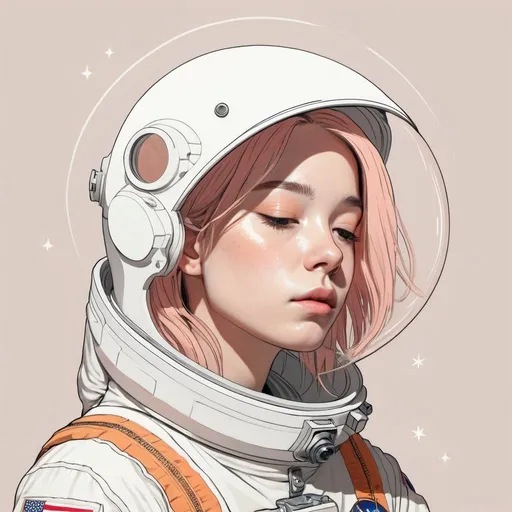 Prompt: By ciloranko, blending, space, astronaut, 1girl, one_eye_closed, solo, line art, ahoge, hair_ornament, x_hair_ornament, flat colors, minimalist, minimalism, (best quality, masterpiece, high quality:1.3), pastel colors, simple background, white_skin, colored_skin, realistic,