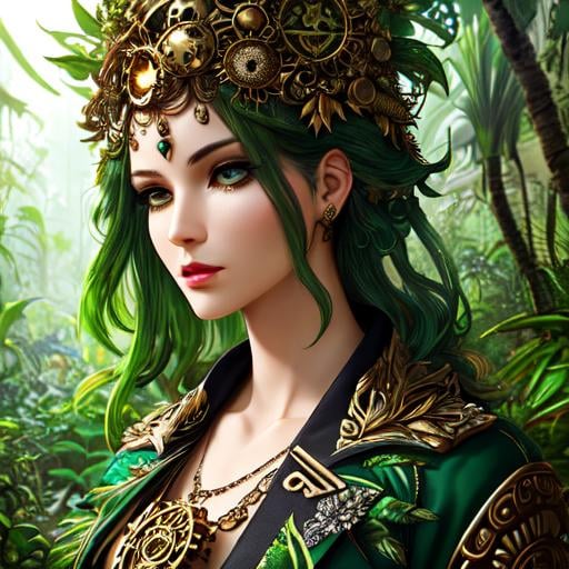 Prompt: Androgynous figure idol walking in a lush, overgrown jungle and ruin buildings, mystical, fantastical, dreamlike, intricate details, ecopunk, surreal, dreamy, 4k, futuristic details and bronze clockwork, realistic, painterly, whimsical, enchanting, charming, portrait, delicate details, portrait, close up, headshot