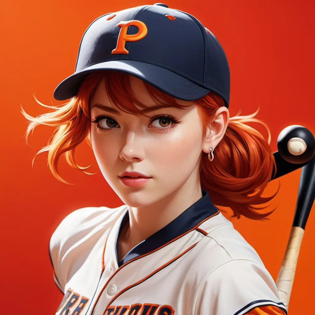 Prompt: Masterpiece, best quality, general, 1girl, Red-haired fiery girl the baseball player in the style of Persona video game series character art, red to orange background colours