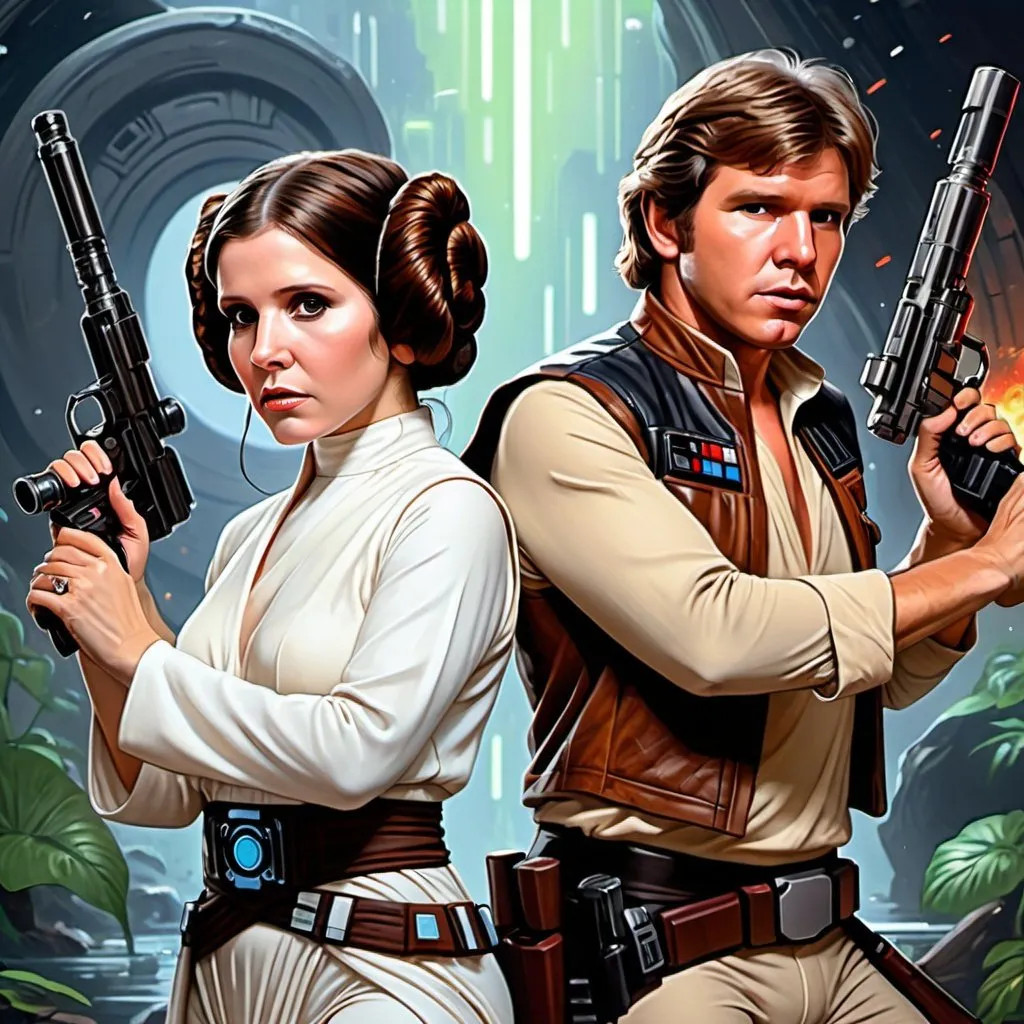 Prompt: Splash art of Princess Leia and Han Solo back to back, front, wearing body accessories, epic Instagram, artstation, hyperdetailed intricately detailed, unreal engine, fantastical, intricate detail, splash screen, complementary colors, fantasy concept art, 8k, deviantart masterpiece, oil painting, heavy strokes, splash arts
