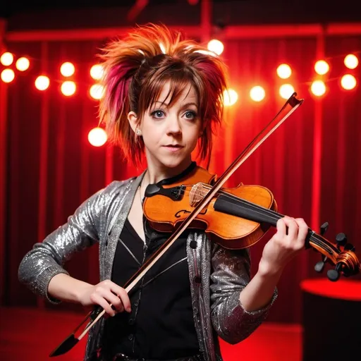Prompt: a woman who looks Lindsey Stirling, unaware she's being photographed. She should be dressed in a comfortable rave party outfit and holding red wooden violin, featuring a feathered jacket. Her hair is dyed red, and her expression is wide-eyed. The setting is indoors with party lights that have high saturation. The image should have a soft focus with hyper-detailed elements and cinematic lighting. This should be presented as concept art.