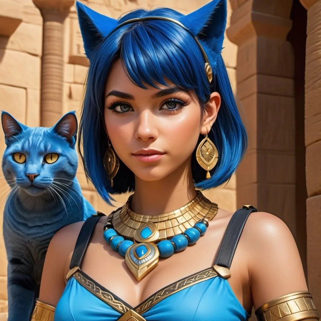 Prompt: character creation, female human warrior from dungeons and dragons with a egyptian clothing, with a real cat head, snake shaped crown, egyptian necklace jewelry, blue metal anklets, attractive, fit, well defined, bandage wrapped dress, gold eyeliner, female, hyper realistic, ultra detailed, cinematic scene, painted by Pixar, style of pixar, digital painting, low angle shot,thick eyeliner, blue hair, cat ears, 