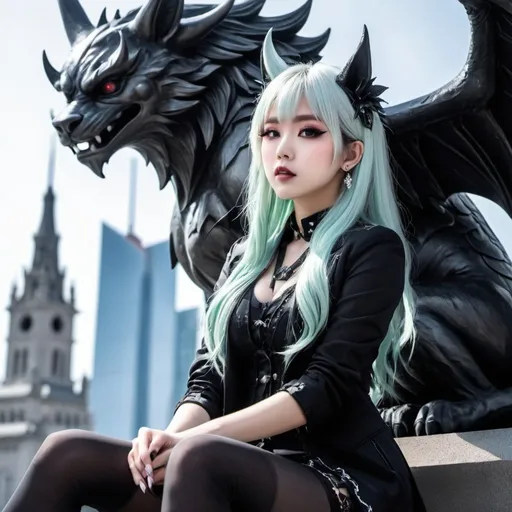 Prompt: score_9, score_8_up, score_7_up, score_6_up,
rating_questionable, full body shot, black metal inspired pastel goth with a focus on pale korean kpop idol sitting next to stone gargoyle, on skyscraper, intense direct sunlight is hitting her face from the side::4.5, eating pocky side mouth, (intricate details, masterpiece, best quality:1.4), dramatic lighting, beautiful composition, looking at viewer, dynamic pose
