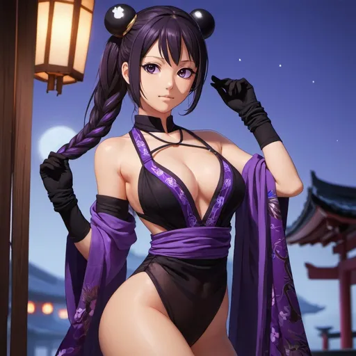 Prompt: nime,solo,1girl,beautiful face,detailed face,full body,close-up,dynamic_angle,from below,night,thot,hands on thighs,dark-skinned female,tanlines,nice thighs, skindentation,dark purple hair,single loose braid,long hair,pointy ears,purple eyes,blachalf kimono,black one piece,see-through,dark purple long scarf,black fingerless gloves,half mask,ninja mask,see-through legwear,tabi boots,japanese house,