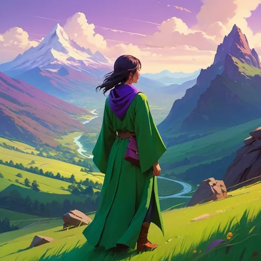 Prompt: there is a woman sorceress with a large purple pouch on back looking at a mountain, atey ghailan 8k, ross tran. scenic background, artgerm and atey ghailan, concept art | rhads, looking at the mountains, andreas rocha style, ilya kuvshinov landscape, by sylvain sarrailh, inspired by Atey Ghailan, traveling through green mountains