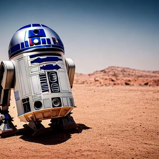 Prompt: Fierce R2-D2 training in treacherous desert terrain, determined, fierce, powerful, intense, focused, realistic, intricate details, UHD, HDR, 8K, (Masterpiece:1.5)