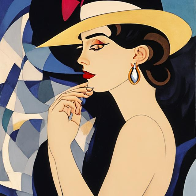 Prompt: there is a woman with a hat and earrings on her head, inspired by Patrick Nagel, inspired by Tamara Lempicka, inspired by Tamara de Lempicka, inspired by George barbier, inspired by Francis Picabia, inspired by Ismael Nery, inspired by Marie Laurencin, inspired by Chinwe Chukwuogo-Roy, inspired by Paolo Uccello