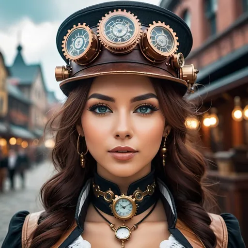 Prompt: photo of kyedae-2600, (front to camera), detailed face, (aspiring facial expression), (((steampunk style close))), ((steampunk city on the background)), RAW, analog style, ultra detailed photograph, cinematic lighting, artstation, 4k, sharp focus, high resolution, detailed skin, detailed eyes