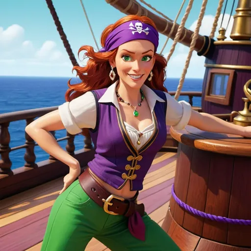 Prompt: Elaine Marley from Monkey Island dancing on the deck of a pirate ship, ginger long wavy hair, green eyes, maroon vest, diamond earrings, purple sash belt, pop collar t-shirt, purple head scarf bandana 