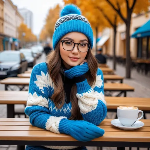 Prompt: 1girl, beautiful Kazakhstan girl, solo,outdoors,cafe,coffee mug,cable knit sweater,argyle,neck tuft,slight smile,elbow rest on cafe table, autumn leaves,city street, black thigh-highs, blue cotton beanie, glasses, blue fingerless gloves, 8k