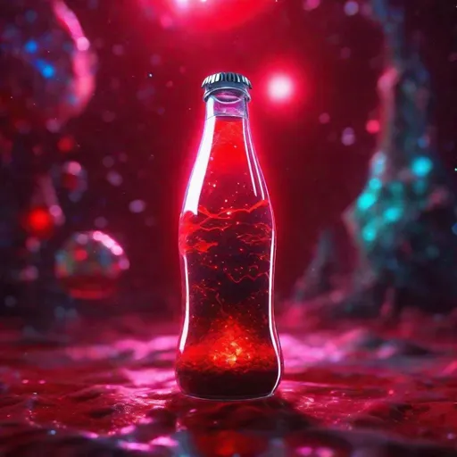 Prompt: lava lamp made from soda bottle. Stars floating through the liquid, intricate meticulously detailed dramatic atmospheric red maximalist digital matte painting background: light shining, red full moon behind it; 8k resolution holographic astral cosmic, nuka cola, fallout 
