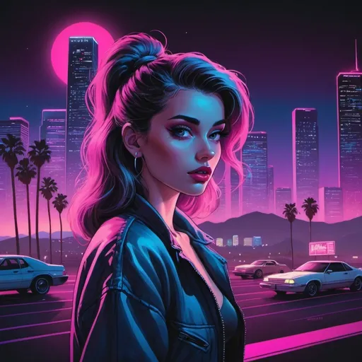 Prompt: A synthwave girl in Los Angeles at night, Synthwave aesthetic. Art by Don Bluth