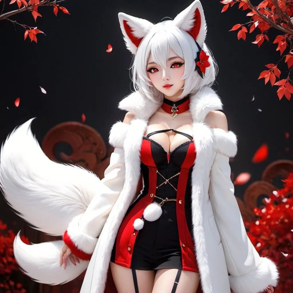 Prompt: oversized clothes, fox ears, white hair, red eyes, fur trim, fur coat, full body, perfect body, open coat, girl, half-closed eyes, wide 엉덩이, cultist, tea,