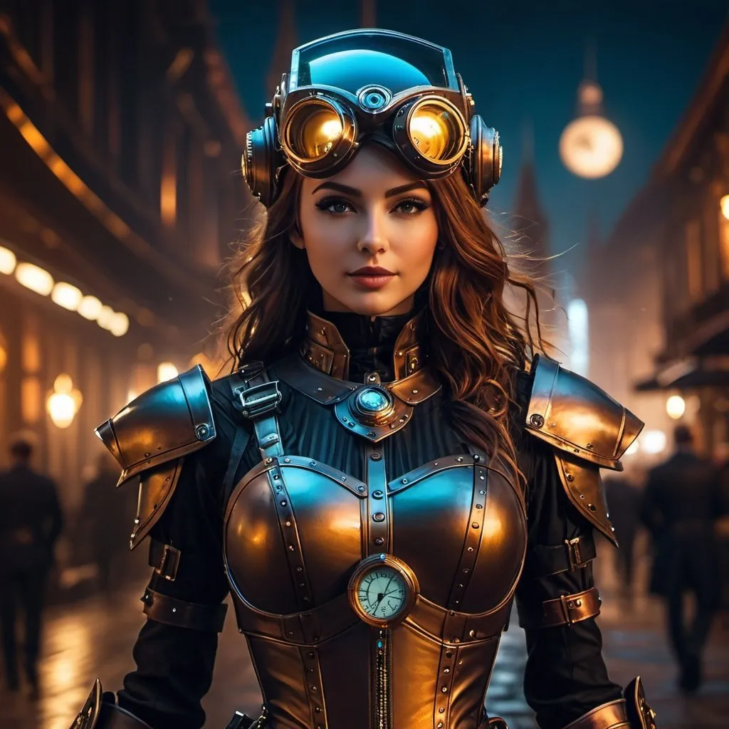 Prompt: 1girl, steampunk, night, 1man, agent, sci-fi armor, cool sci-fi armor, cool sci-fi helmet, 4k, 8k, ultra-detailed,