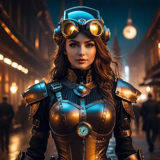 Prompt: 1girl, steampunk, night, 1man, agent, sci-fi armor, cool sci-fi armor, cool sci-fi helmet, 4k, 8k, ultra-detailed,
