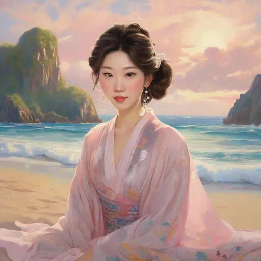 Prompt: A charming and charismatic movie asian character, Disney style, with natural makeup, oil painting by Naomi Okubo, soft hazel eyes, gentle pink lips, wavy chestnut hair, delicate pearl drop earrings, a dainty pendant, tousled beachy hairstyle, elegant Song dynasty ornament, lustrous silver fiber, a diamond feature, and a flowy chiffon gown --q 2 --niji 5 --ar 2:3
