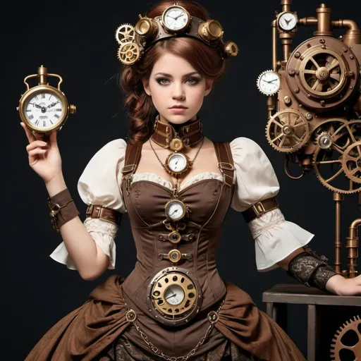 Prompt: image of a steampunk princess, incorporating classic elements of the genre, such as Victorian-influenced fashion, brass and copper gadgets, and clockwork accessories. The princess should exude elegance and intelligence, with subtle hints of her royal status, such as a cog-shaped tiara or a mechanized scepter. Her attire should blend traditional royal garments with industrial elements, set against a backdrop that features steam-powered technology and anachronistic inventions. Capture the essence of steampunk aesthetics while highlighting her regal demeanor.