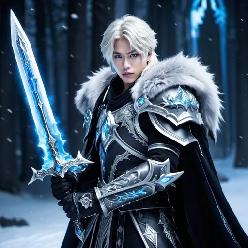 Prompt: Jimin from BTS as Arthas the Lich King from world of warcraft holding the shadowmourne sword in hand, white hair, blue glowing eyes, frosted, blizzard, night, evil expression 