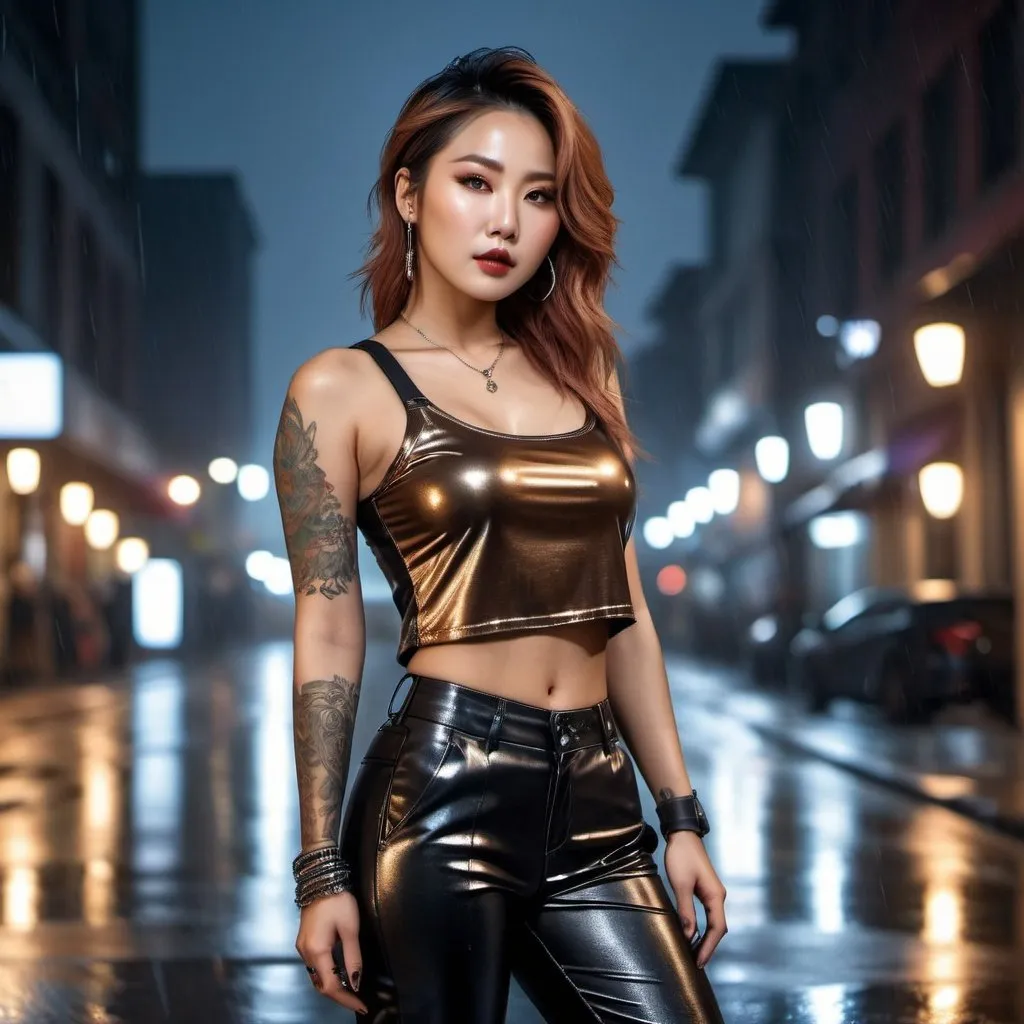 Prompt: (headshot), a beautiful ecopunk Korean woman, kpop, idol, (tattoo), (wearing a bronze top), (wearing baggy pants), (wearing Stiletto Boots), dark and rainy night, cinematic lighting, Hyperrealism, ultra highres, photorealistic, 8k, photography