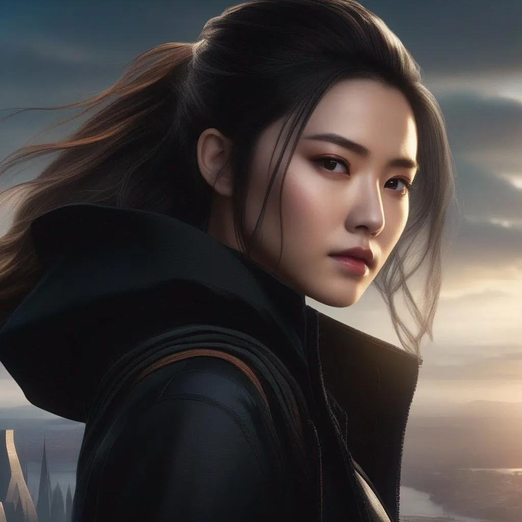 Prompt: a close up of a woman with a black jacket and a black hoodie, mortal engines, miko, full art, asian human, her gaze is downcast, a character based on a haggis, similar to legolas, maya, ability image, medusa, rock climber, comic book:.2, close up image, featured art, valorant character