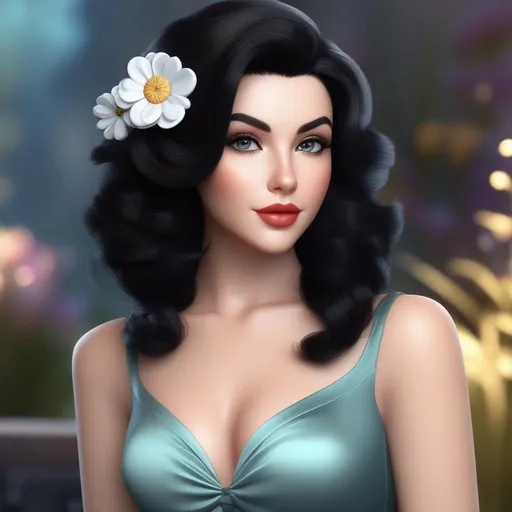 Prompt: there is a woman with a flower in her hair, dark pin-up style hair, jen atkin, pretty aquiline nose, from guild wars, 50s, cute, inspired by Sophie Pemberton, pixie, black short hair, incredibly ethereal, app icon, emote, beautiful avatar pictures, havanese dog, realistic | detailed face