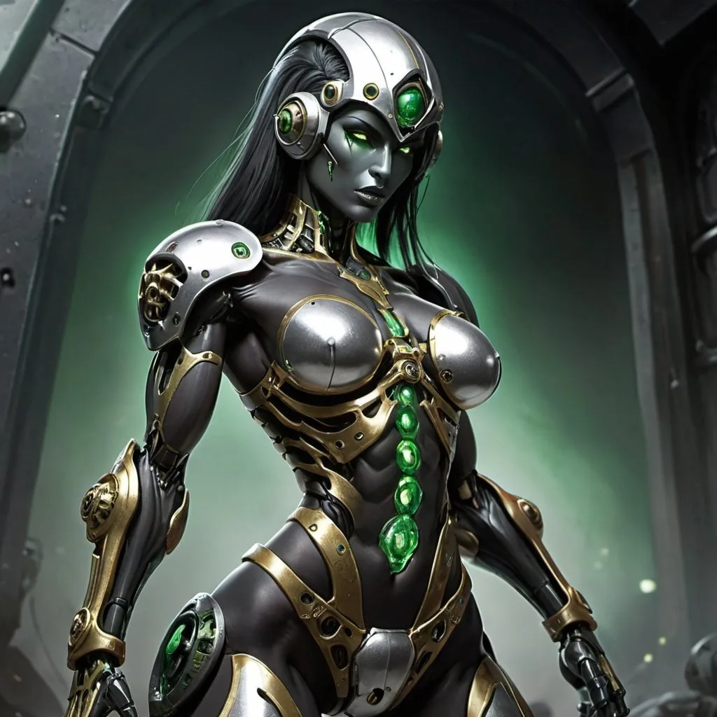 Prompt: 1 female, synthetic body,Warhammer 40k,Necron,C'tan,Star Goddess,(Silver,green,black and gold metal body),Lamia Necrodermis body,snake Necrodermis body,robot body,Pure energy body encased in robot one,wielding Cosmic powers,l,muscular physique,muscular female,best quality,masterpiece