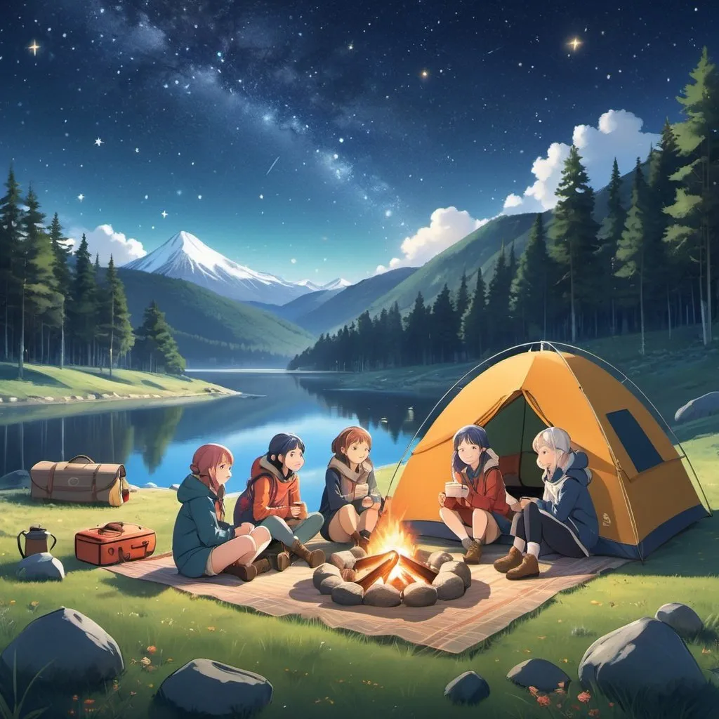 Prompt: a digital illustration that captures the essence of 'Laid-Back Camp.' Feature a serene, natural landscape with a group of friends enjoying a leisurely camping experience. Include a campfire, cozy camping gear, and a clear, starry night sky. Ensure the image emanates a warm, tranquil vibe, reminiscent of the peaceful and enjoyable moments from the 'Laid-Back Camp' series.