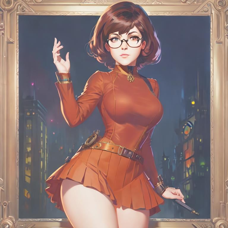 Prompt: Professional painting of a beautiful steampunk Velma from Scooby Doo, by Jeremy Mann, Rutkowski, and other Artstation illustrators, intricate details, face, full body portrait, headshot, illustration, UHD, 4K