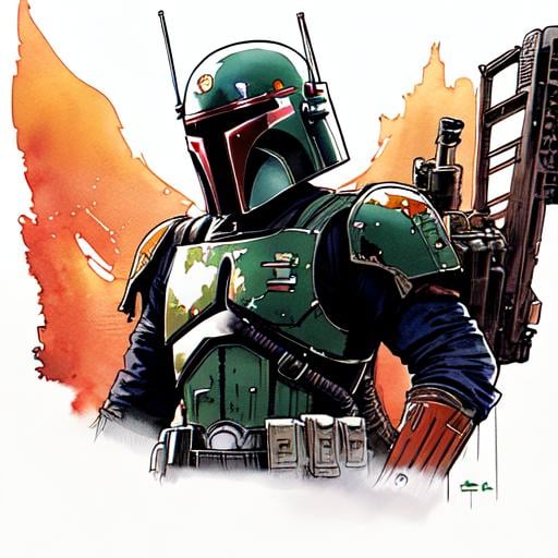 Prompt: sticker of Boba Fett from Star Wars, full body, Kim Jung gi, freedom, soul, digital illustration, comic style, cyberpunk, perfect anatomy, centered, approaching perfection, dynamic, highly detailed, watercolor painting, artstation, concept art, smooth, sharp focus, illustration, art by Carne Griffiths and Wadim Kashin ,