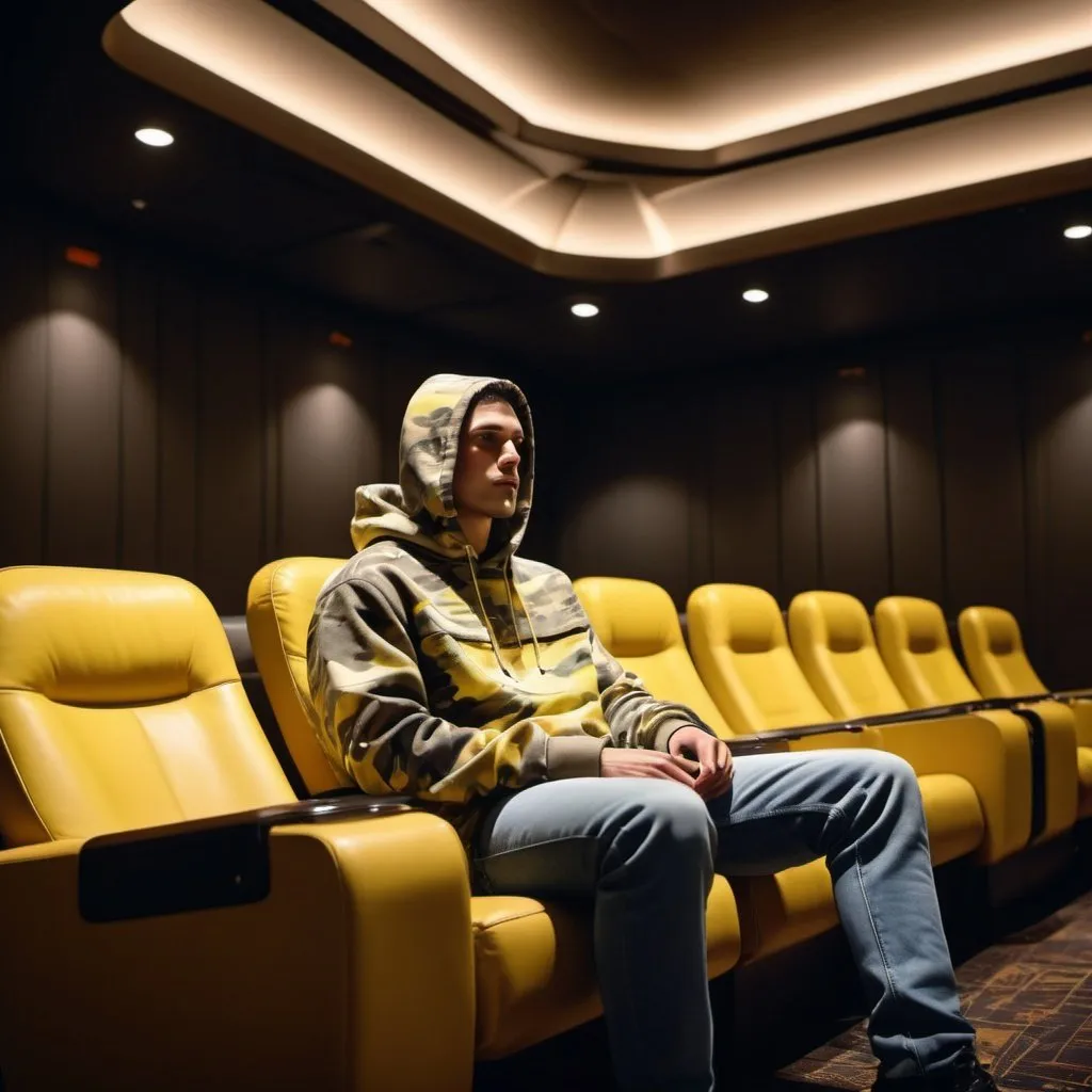 Prompt: techwear fashion photography, front view, long distance shot, professional man model lounges across the seats in a light off movie theater serves as the backdrop for a moment of carefree repose, wearing a over-fit yellow camouflage pattern hoodie and light-washed jeans, a scene with a full architectural view of the theater's background, soft glow of ceiling lights casts a serene ambiance, photorealism illuminating, high contrast and highlights, UHD