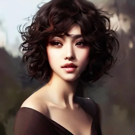 Prompt: Short brown curly hair, white skin, makeup to look Korean, hazel eyes,a round face, by Jeremy Mann, Rutkowski, and other Artstation illustrators, intricate details, face,  full body portrait, headshot, illustration, UHD, 4K