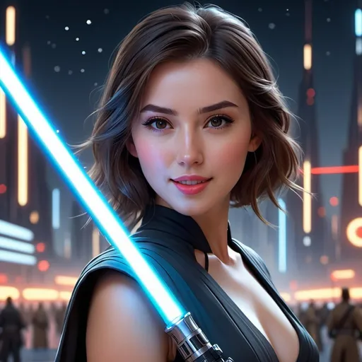 Prompt: UHD, hd , 8k,  anime, hyper realism, Very detailed, zoomed out view, futuristic cityscape, Star Wars, holding a lightsaber spear weapon, concept art, clear visible face, full character in view, clear visible face, Hyper realistic cartoon style of beautiful woman, happy face expression