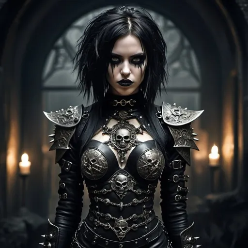 Prompt: Grunge style, stylish female, (a formidable heroine:1.3), (gothic fantasy:1.25), (warrior outfit:1.2), dark gothic, formidable armor, ornate engravings, demonic motifs, spiked gauntlets, leather bodysuit, skull ornaments, mystical symbols, ethereal glow, fierce countenance, haunting beauty, moonlit battlefield, (eerie lighting:1.2), (sinister hues:1.1), (intricate patterns:1.15), Textured, distressed, vintage, edgy, punk rock vibe, dirty, noisy
