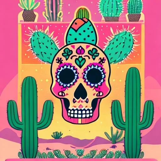 Prompt: A beautiful calavera in a vibrant desert landscape with pink cacti, painted in a whimsical style with exaggerated features, dreamlike, flowing, and layered, with intricate details in 8k resolution,precise lineart, vibrant, 8k resolution, minimalist illustration, concept art, realistic, artstation, vintage show promotional poster